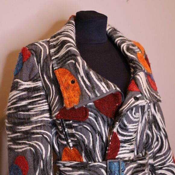 Vintage 1970s Abstract Belted Coat Sz S - Picture 5 of 8